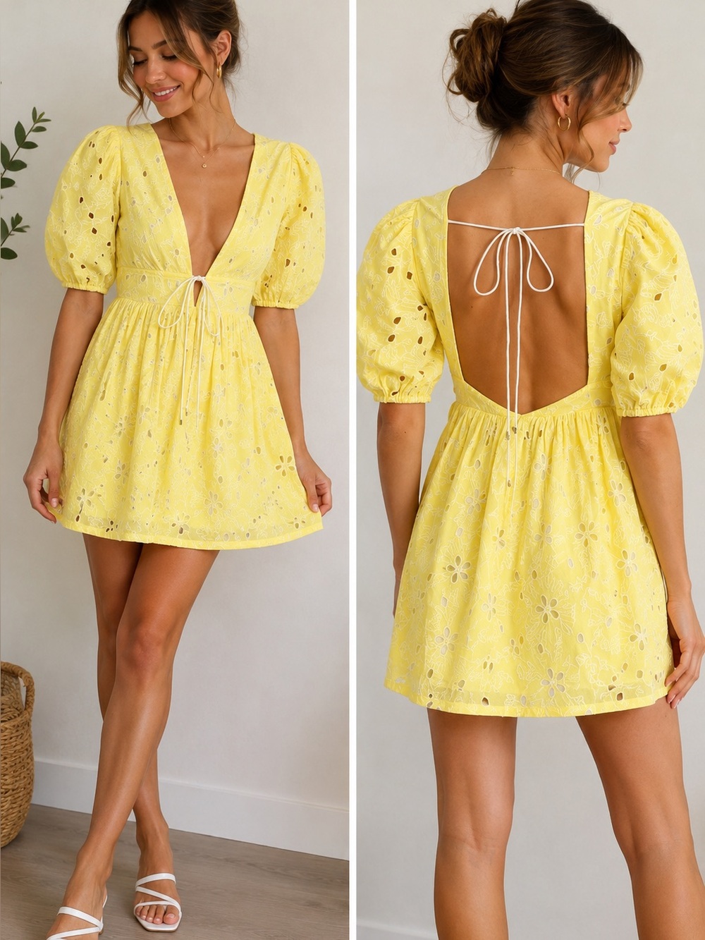 AVEC LES FILLES Yellow Eyelet Embroidered Open Back Puff Sleeve Size 2 Babydoll